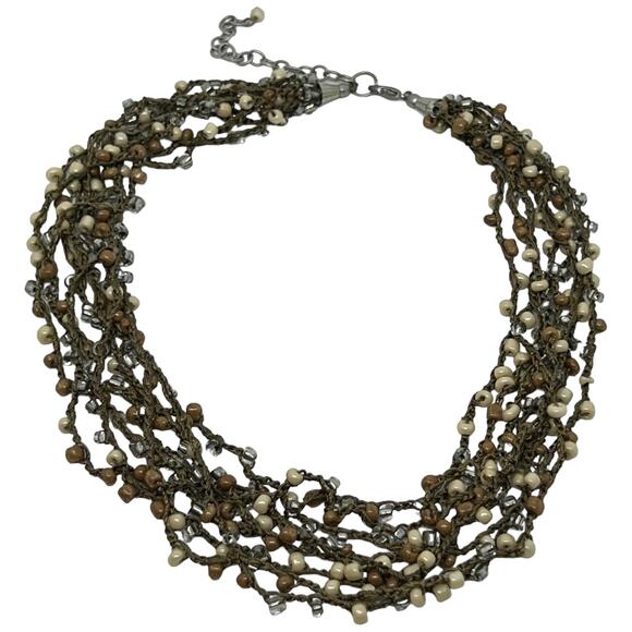 Multi Strand Beaded Choker Necklace Crochet Wire Cream Pearl Crystal Boho 23" - Picture 2 of 6